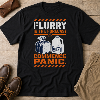 Flurry In The Forecast Commence Panic T-Shirt Black t-shirt flat lay mockup