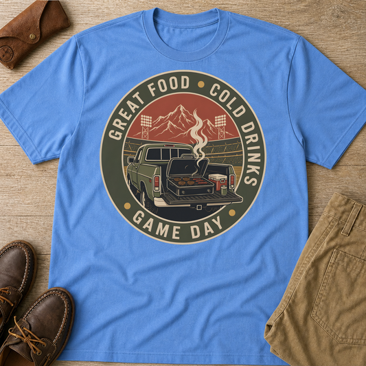 Great Food Cold Drinks Game Day Tailgate T-Shirt - HomeGrown South Graphic Tee (View 1)