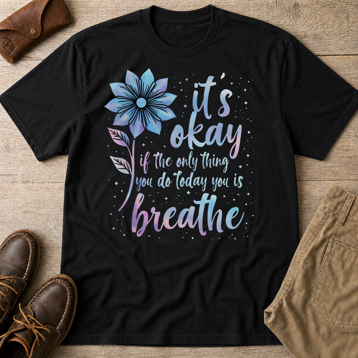 Its Okay Motivational Positive Affirmation T-Shirt Black t-shirt flat lay mockup