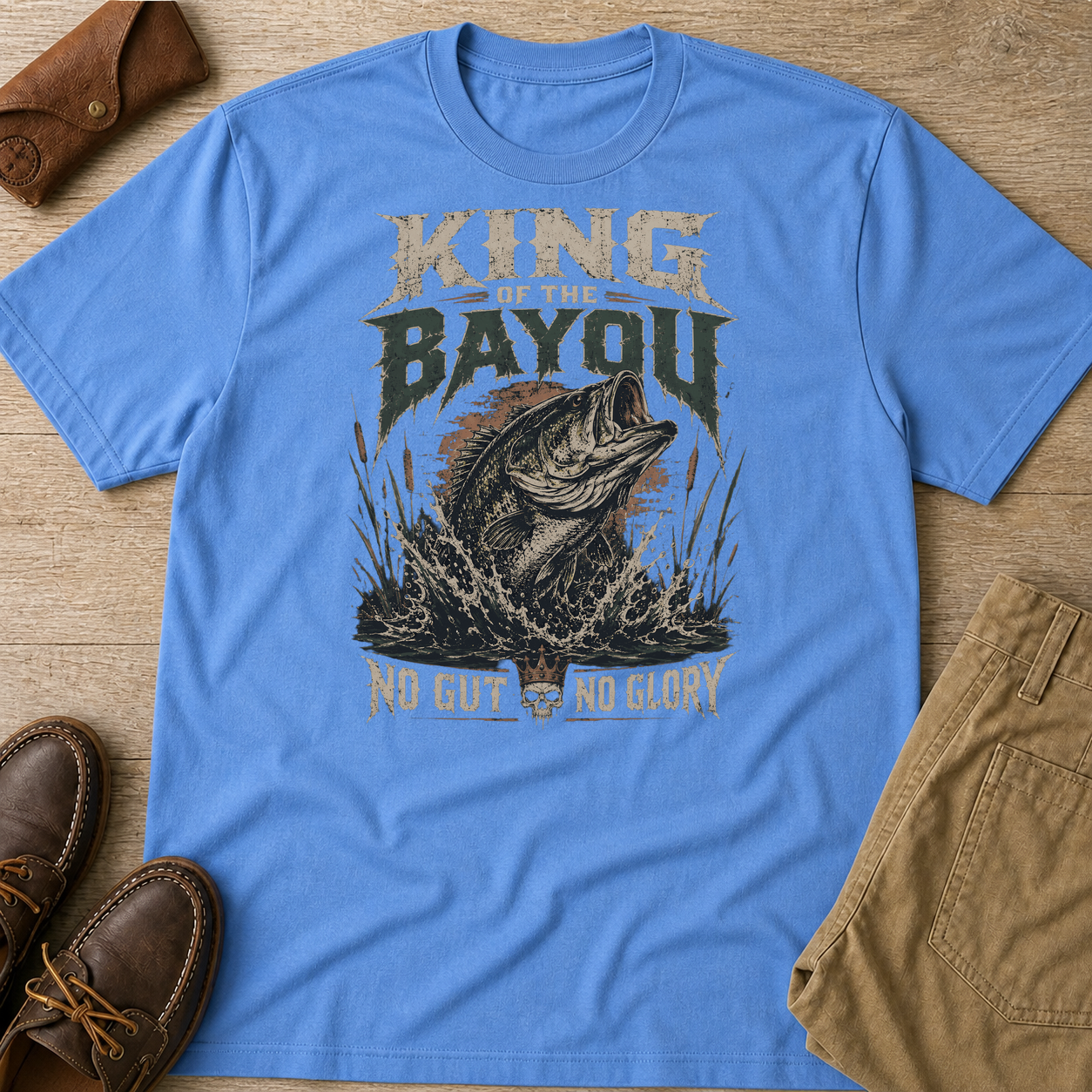 King Of The Bayou Fishing No Gut No Glory T-Shirt Carolina Blue t-shirt flat lay mockup