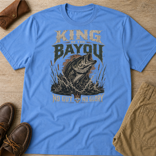 King Of The Bayou Fishing No Gut No Glory T-Shirt Carolina Blue t-shirt flat lay mockup