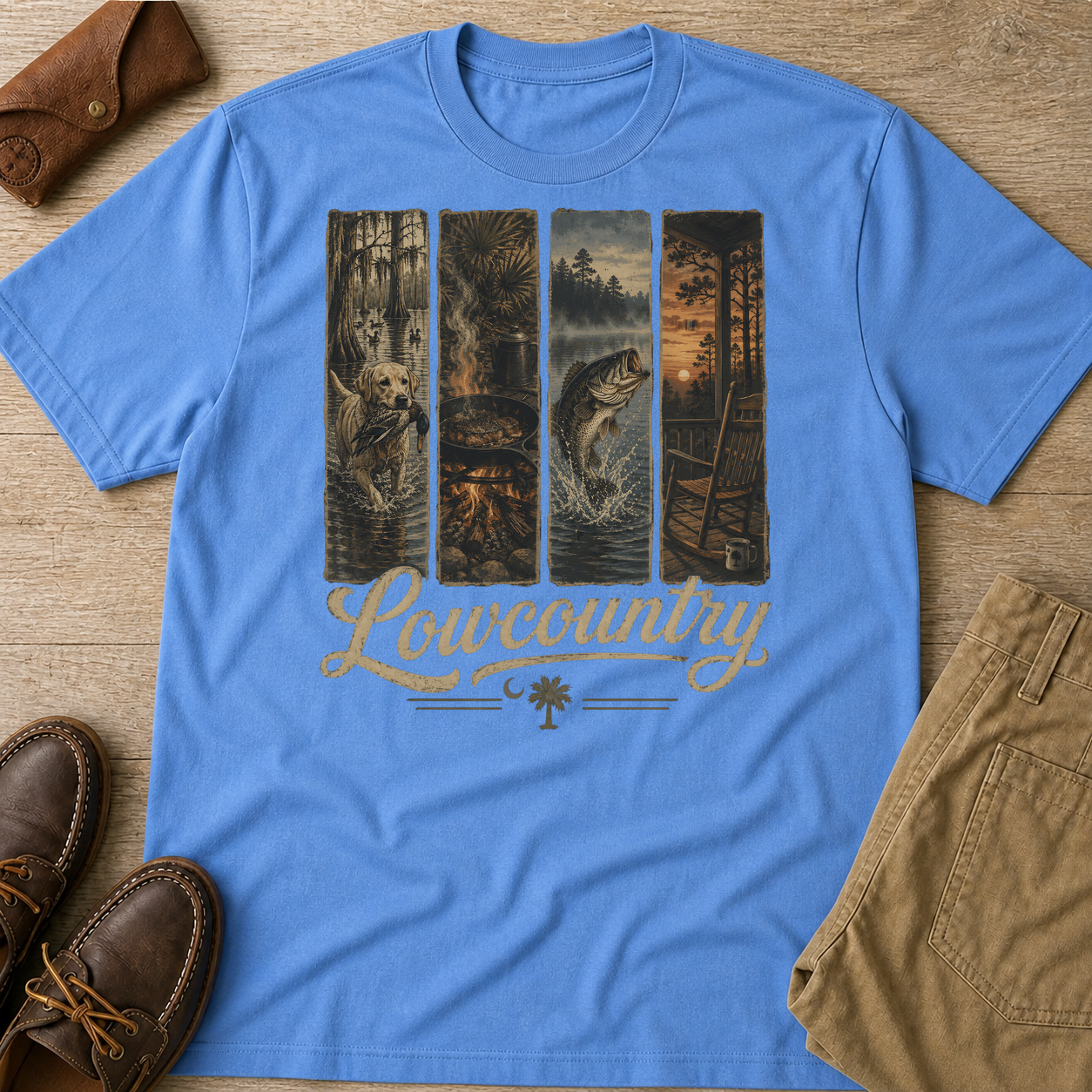 Lowcountry Outdoor Nature Scenes T-Shirt Carolina Blue t-shirt flat lay mockup