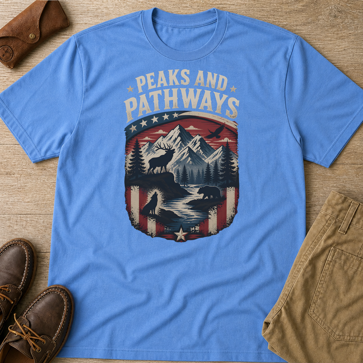 Mountain Wildlife Nature Scenic Peaks Pathways Outdoor Carolina Blue t-shirt flat lay mockup