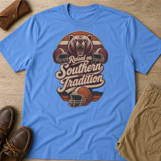 Raised On Southern Tradition Football Bear T-Shirt Carolina Blue t-shirt flat lay mockup