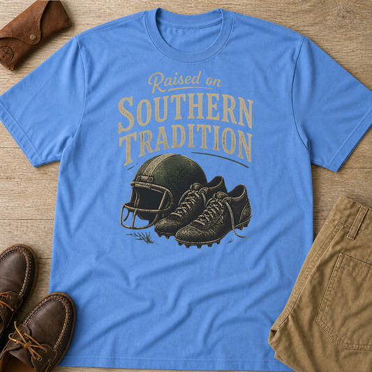 Raised On Southern Tradition Football Helmet Cleats T-Shirt Carolina Blue t-shirt flat lay mockup