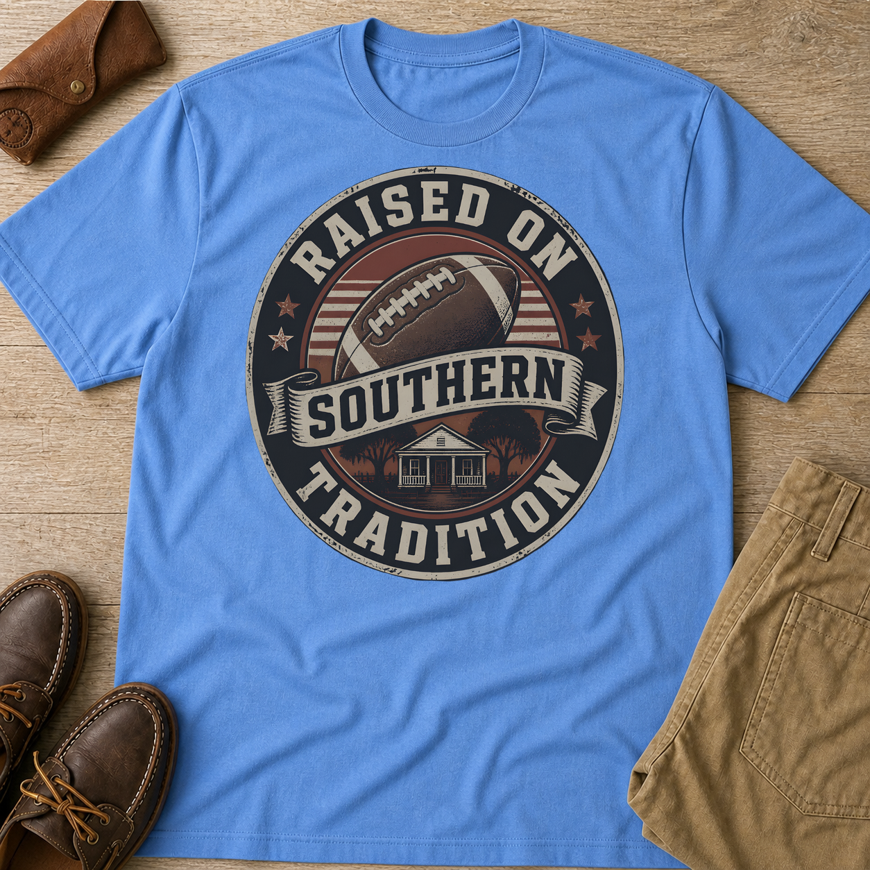 Raised On Southern Tradition Football Heritage T-Shirt Carolina Blue t-shirt flat lay mockup