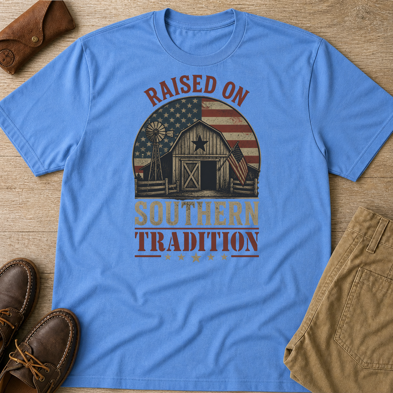 Raised On Southern Tradition Vintage Barn Flag T-Shirt Carolina Blue t-shirt flat lay mockup