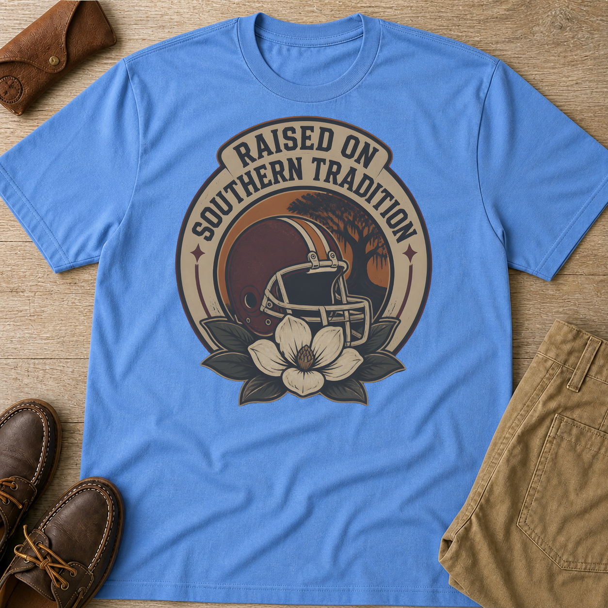 Raised On Southern Tradition Vintage Football Helmet T-Shirt Carolina Blue t-shirt flat lay mockup