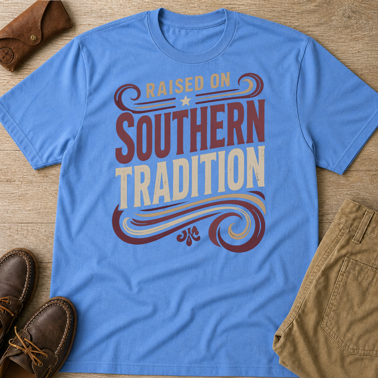 Raised On Southern Tradition Vintage T-Shirt Carolina Blue t-shirt flat lay mockup