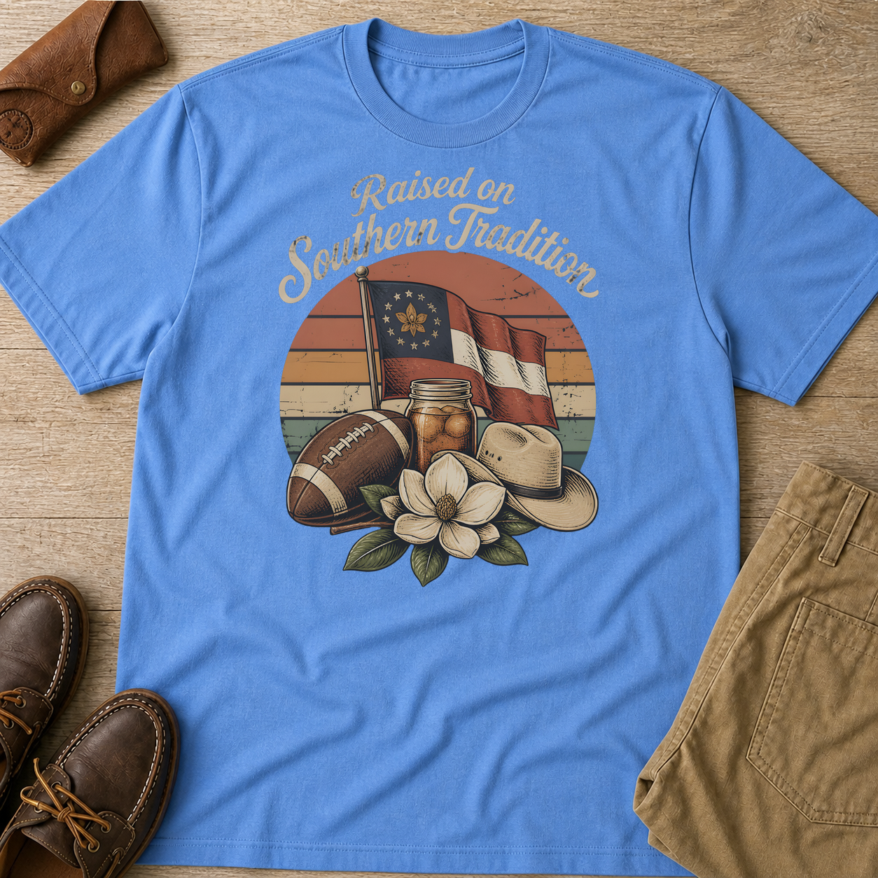 Raised On Southern Tradition Vintage T-Shirt Carolina Blue t-shirt flat lay mockup