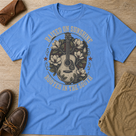 Raised On Sunshine Rooted In The South T-Shirt Carolina Blue t-shirt flat lay mockup