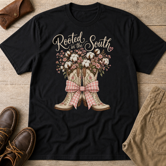 Rooted in the South Floral Cowboy Boots T-Shirt Black t-shirt flat lay mockup