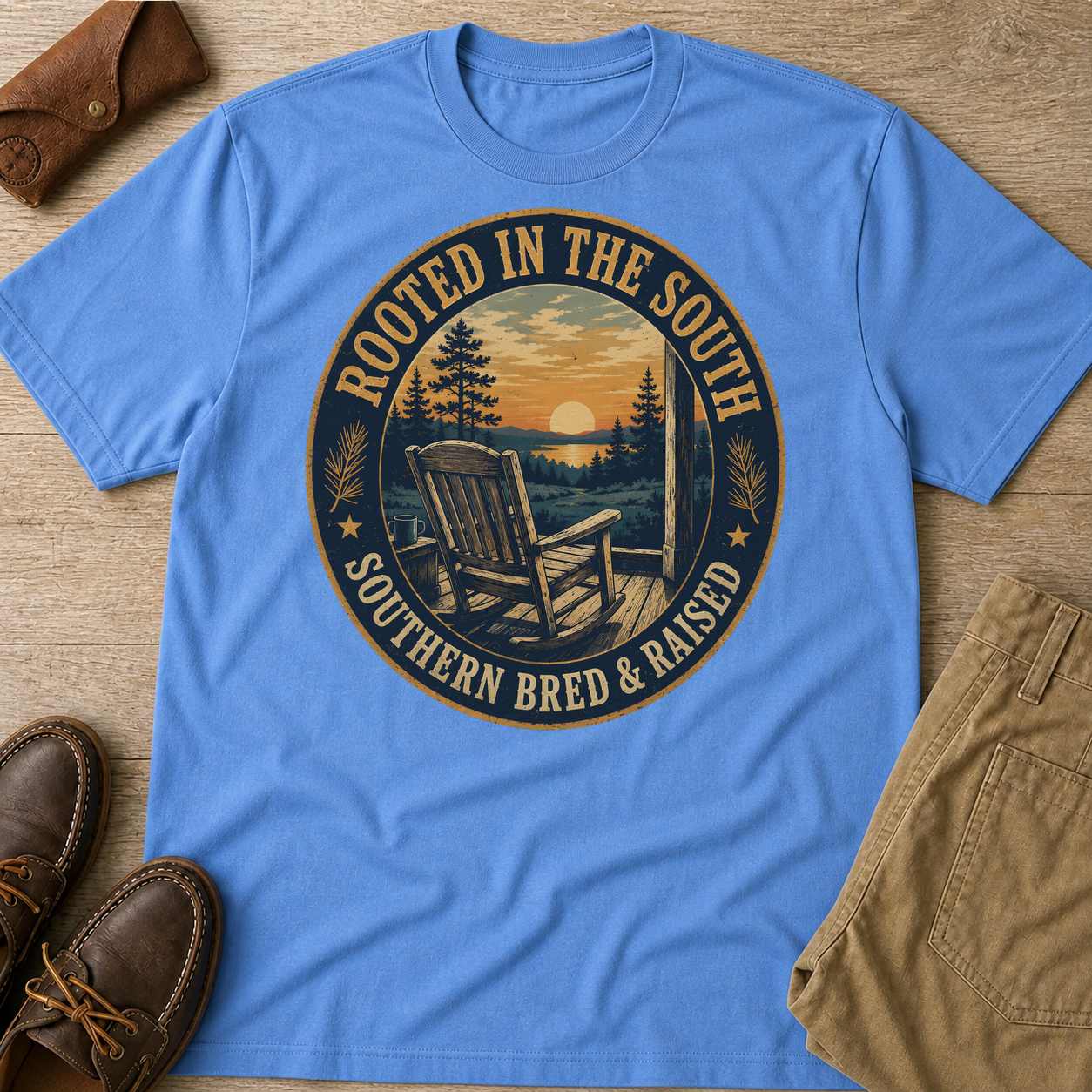 Rooted In The South Southern Bred And Praised T-Shirt Carolina Blue t-shirt flat lay mockup