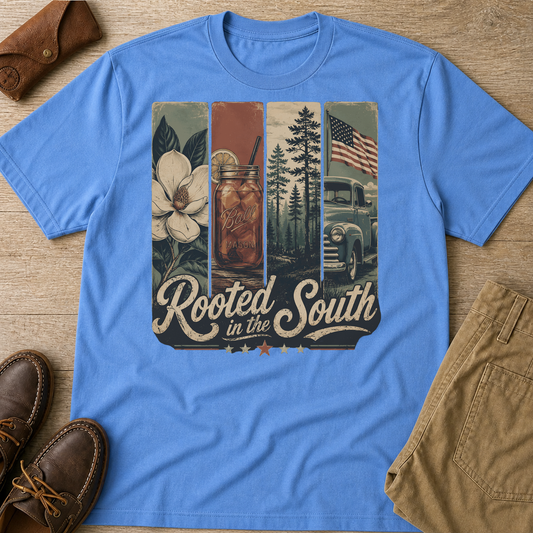 Rooted South Vintage Mason Jar Magnolia Flag T-Shirt Carolina Blue t-shirt flat lay mockup