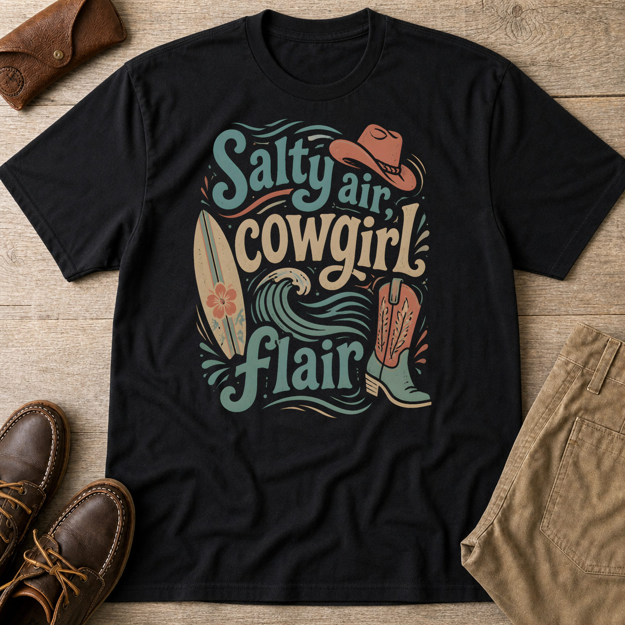 Salty Air Cowgirl Surfing Beach Western Boots Hat T-Shirt Black t-shirt flat lay mockup
