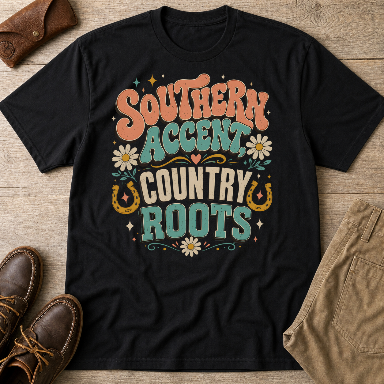 Southern Accent Country Roots Retro T-Shirt Black t-shirt flat lay mockup