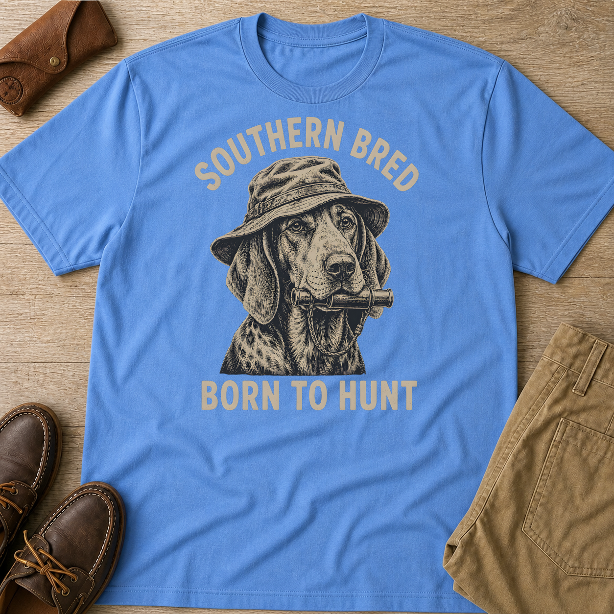 Southern Bred Born To Hunt Dog Lover T-Shirt Carolina Blue t-shirt flat lay mockup