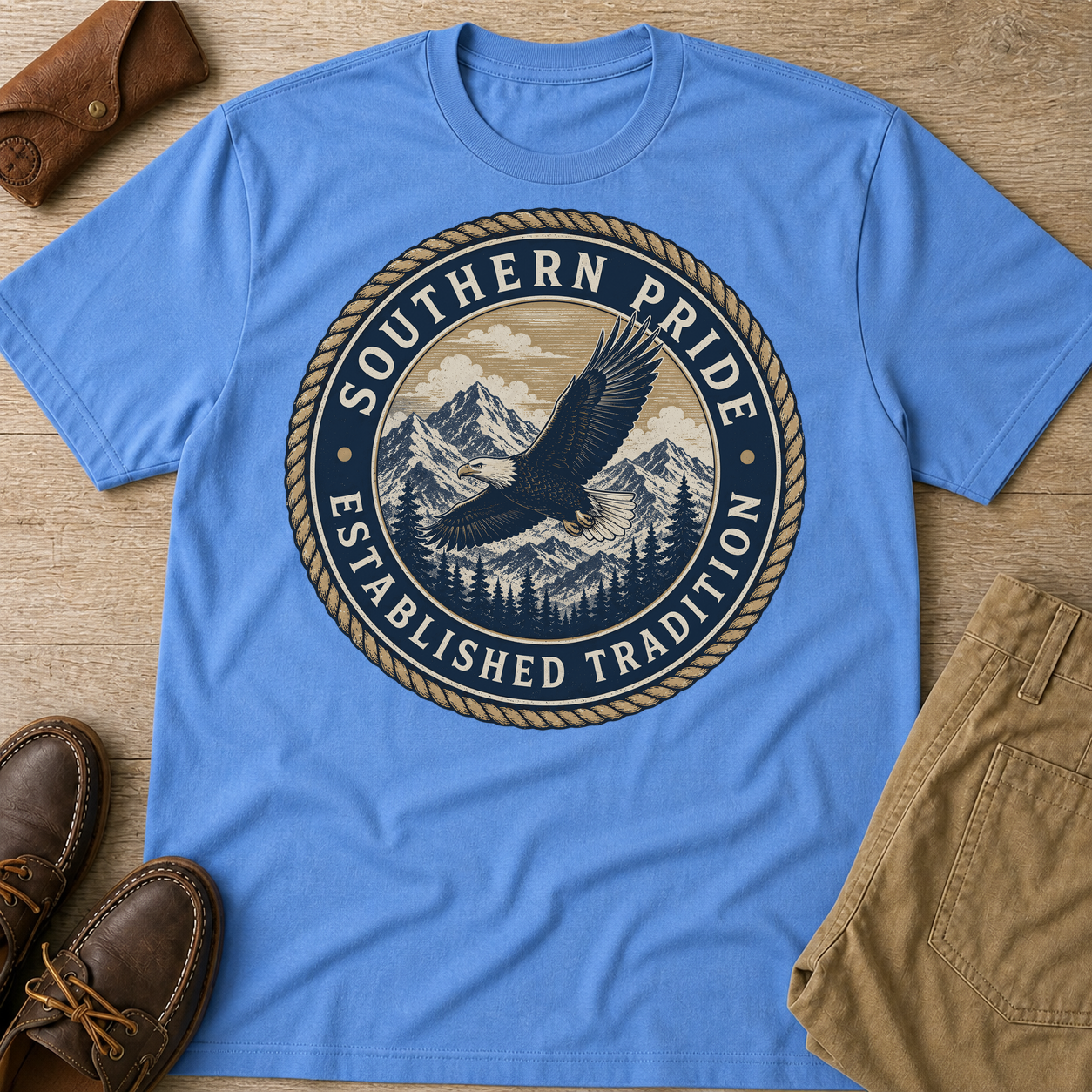 Southern Pride Established Traditions Eagle Mountain T-Shirt Carolina Blue t-shirt flat lay mockup