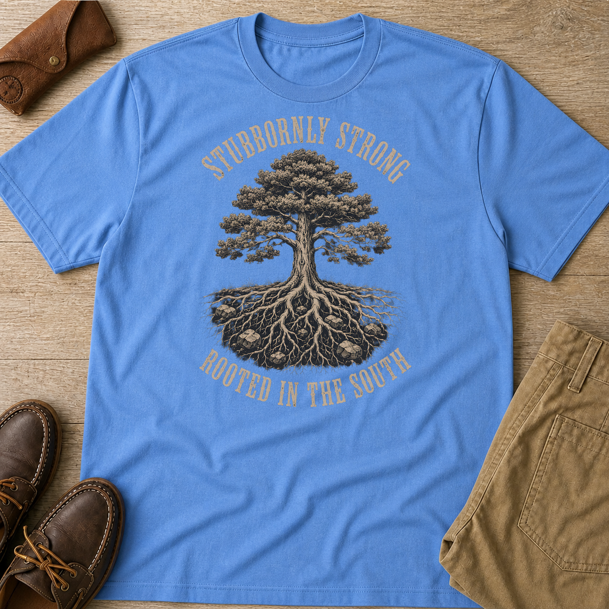 Stubbornly Strong Rooted In The South T-Shirt Carolina Blue t-shirt flat lay mockup