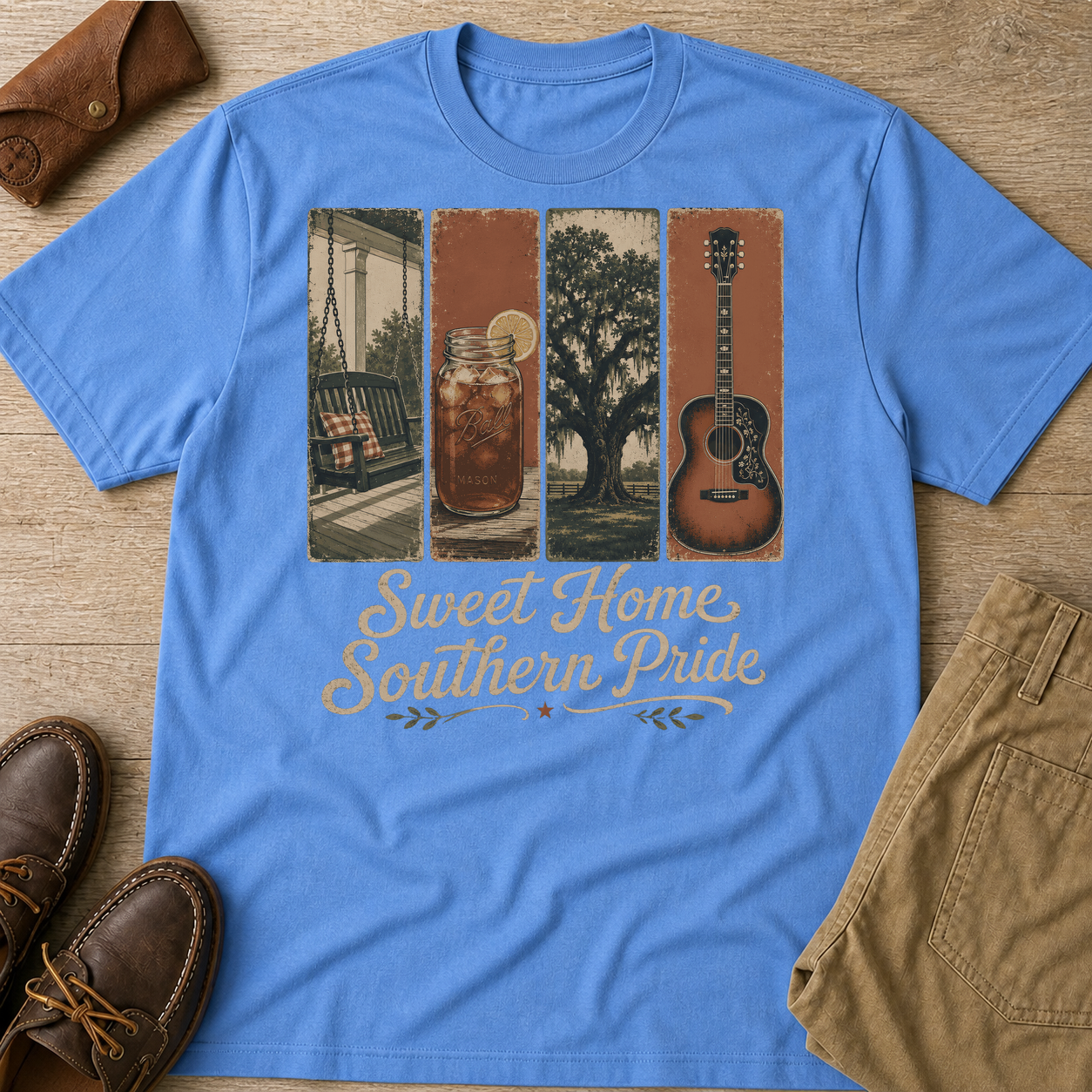 Sweet Home Southern Pride Vintage T-Shirt Carolina Blue t-shirt flat lay mockup