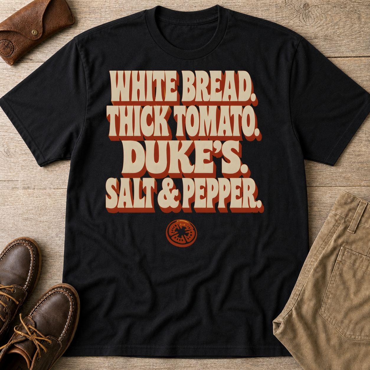 White Bread Thick Tomato Dukes Salt Pepper T-Shirt Black t-shirt flat lay mockup