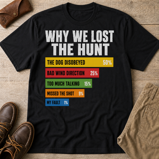 Why We Lost The Hunt Funny Hunting T-Shirt Black t-shirt flat lay mockup